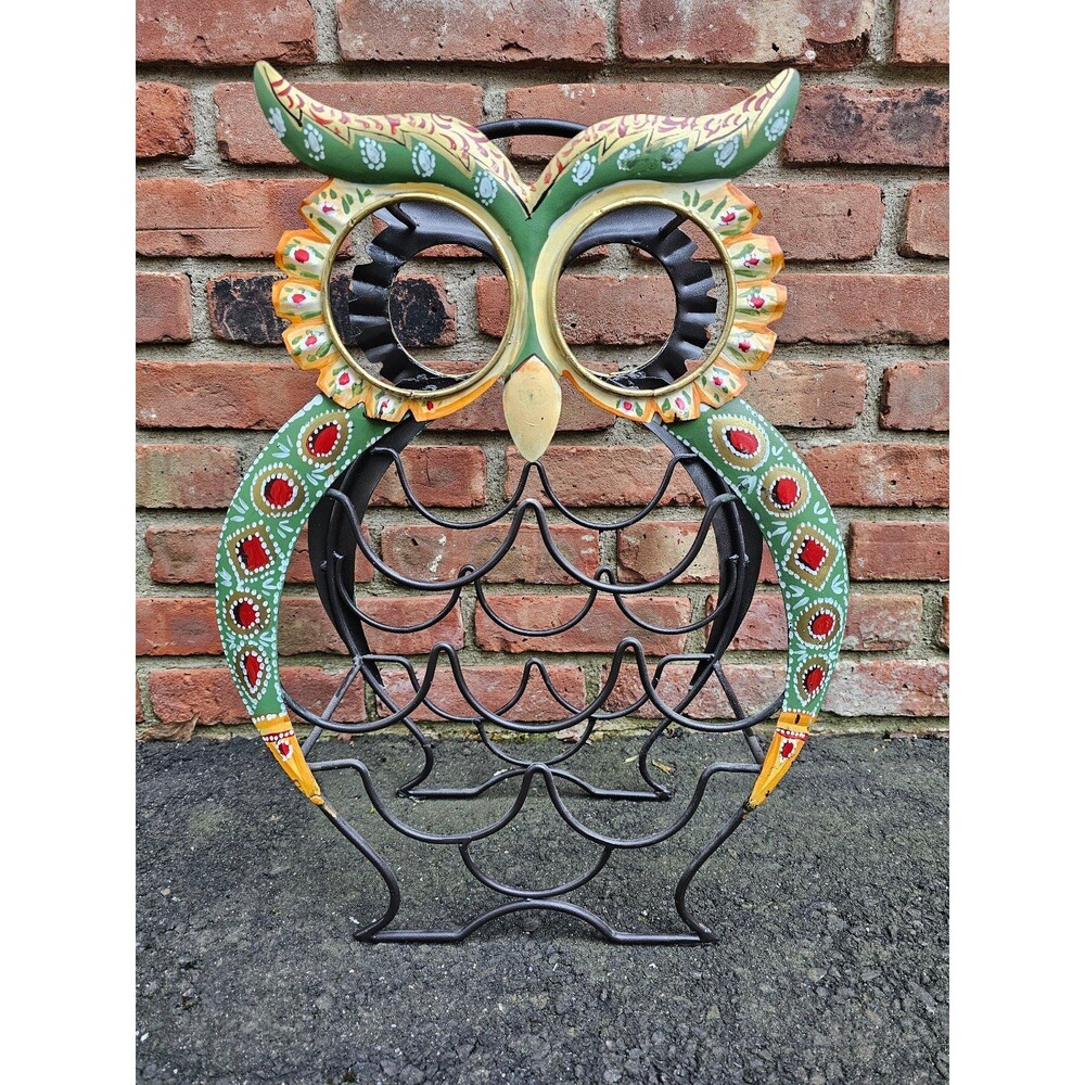 Vintage Owl Metal Wine Rack 9 Bottle Holder Hand Painted 20x15"
